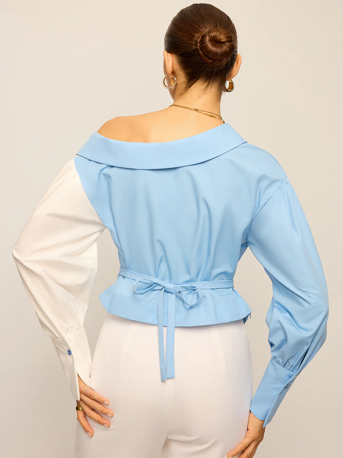 Two-Tone Asymmetric Off-Shoulder Shirt - Image 6