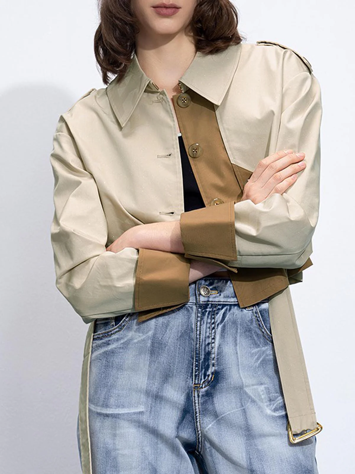 Two Tone Buckle Belted Trench Coat - Image 4