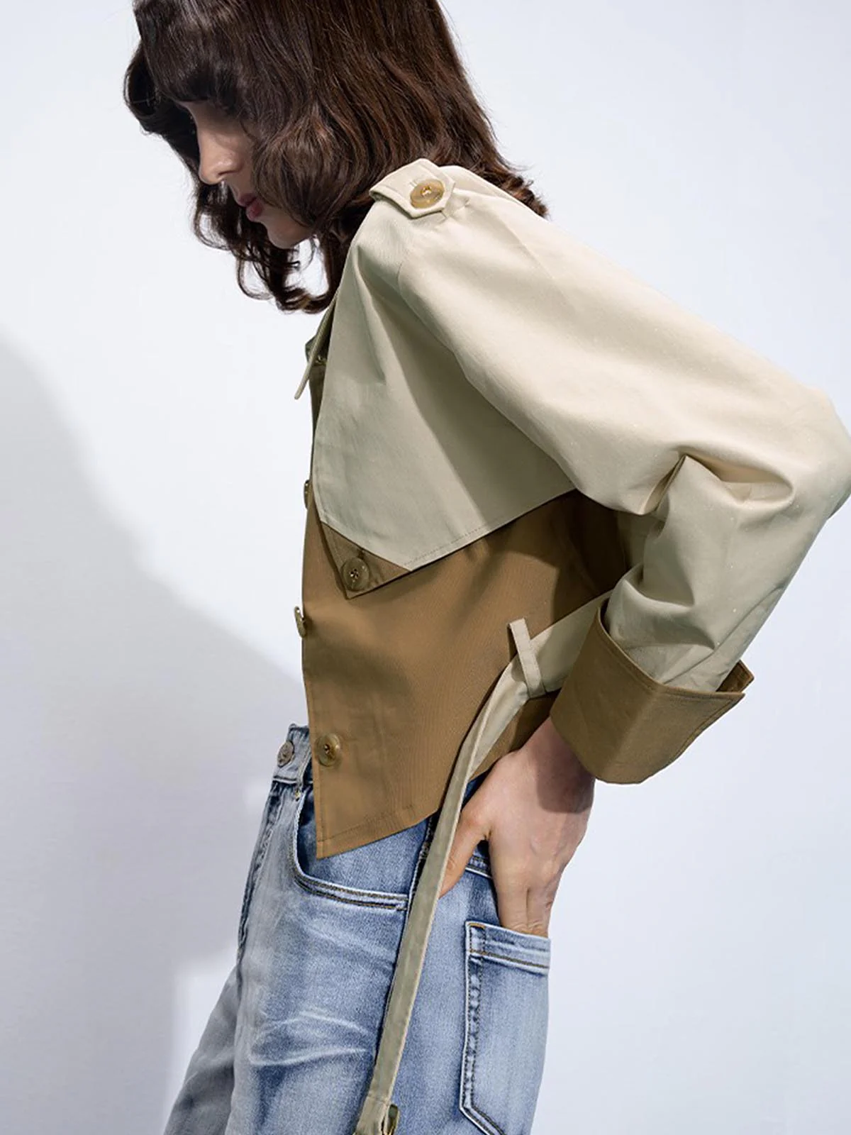Two Tone Buckle Belted Trench Coat - Image 5