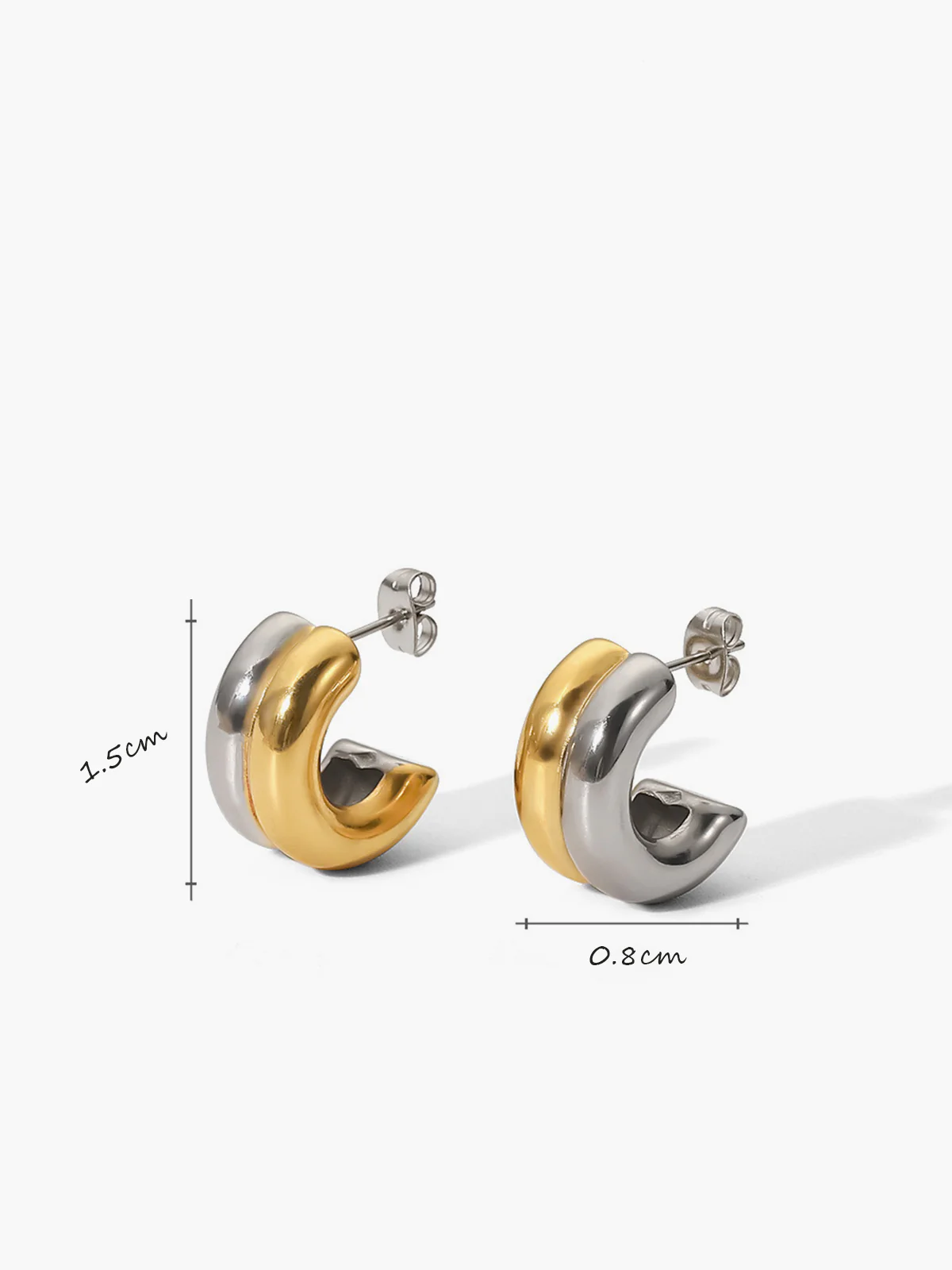 Two-Tone C-Shape Stud Hoop Earrings - Image 3