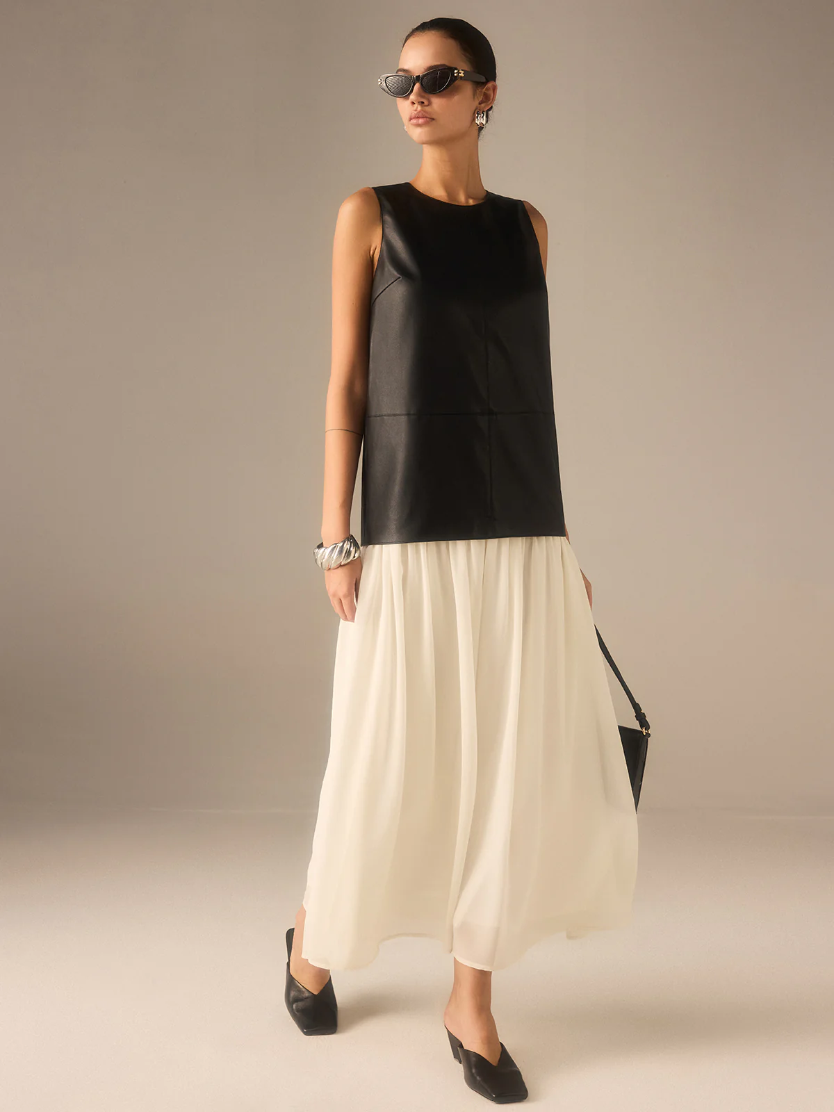 Two-Tone Faux Leather Chiffon Pleated Dress - Image 2