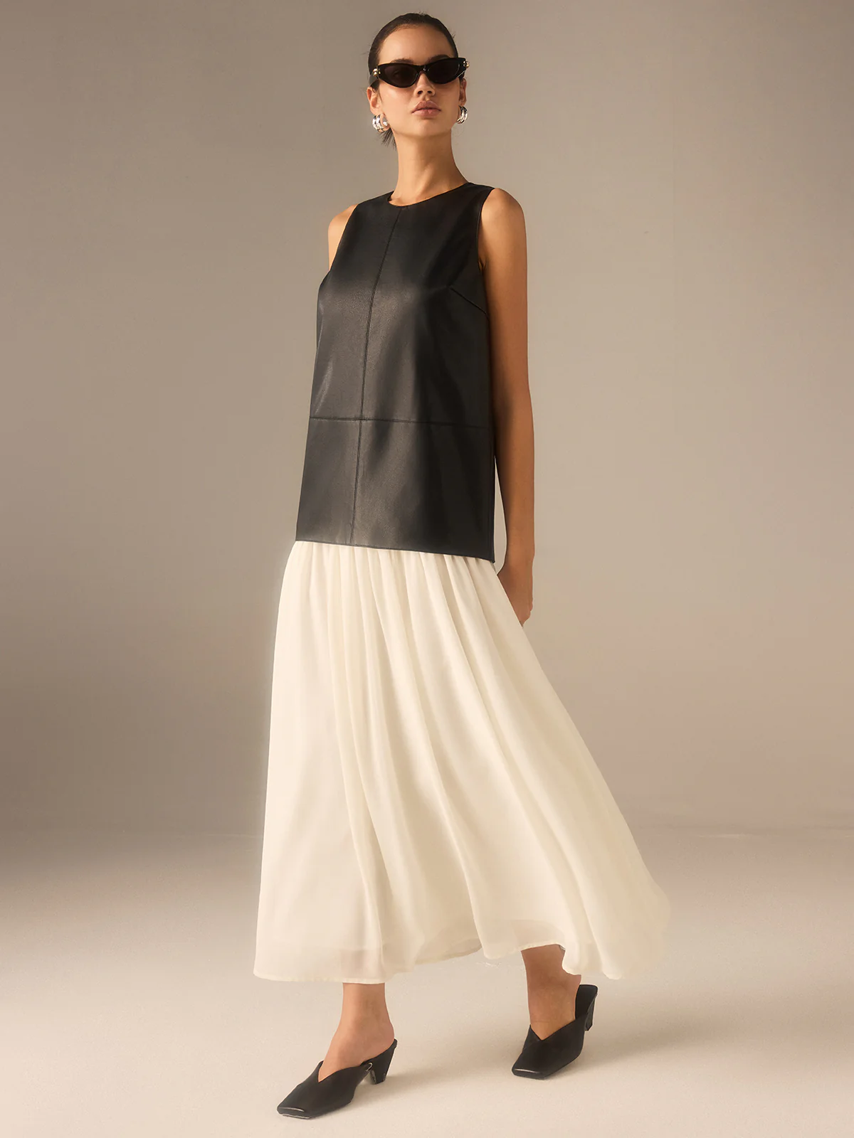 Two-Tone Faux Leather Chiffon Pleated Dress - Image 5