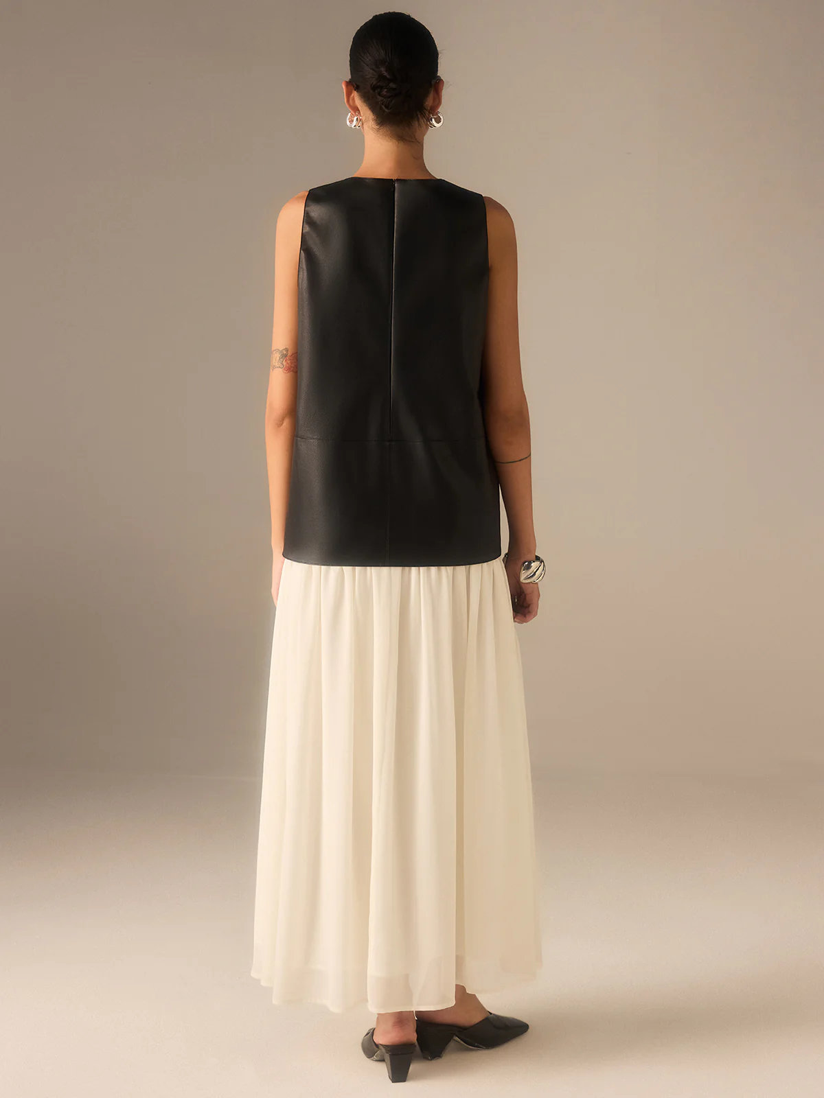 Two-Tone Faux Leather Chiffon Pleated Dress - Image 6