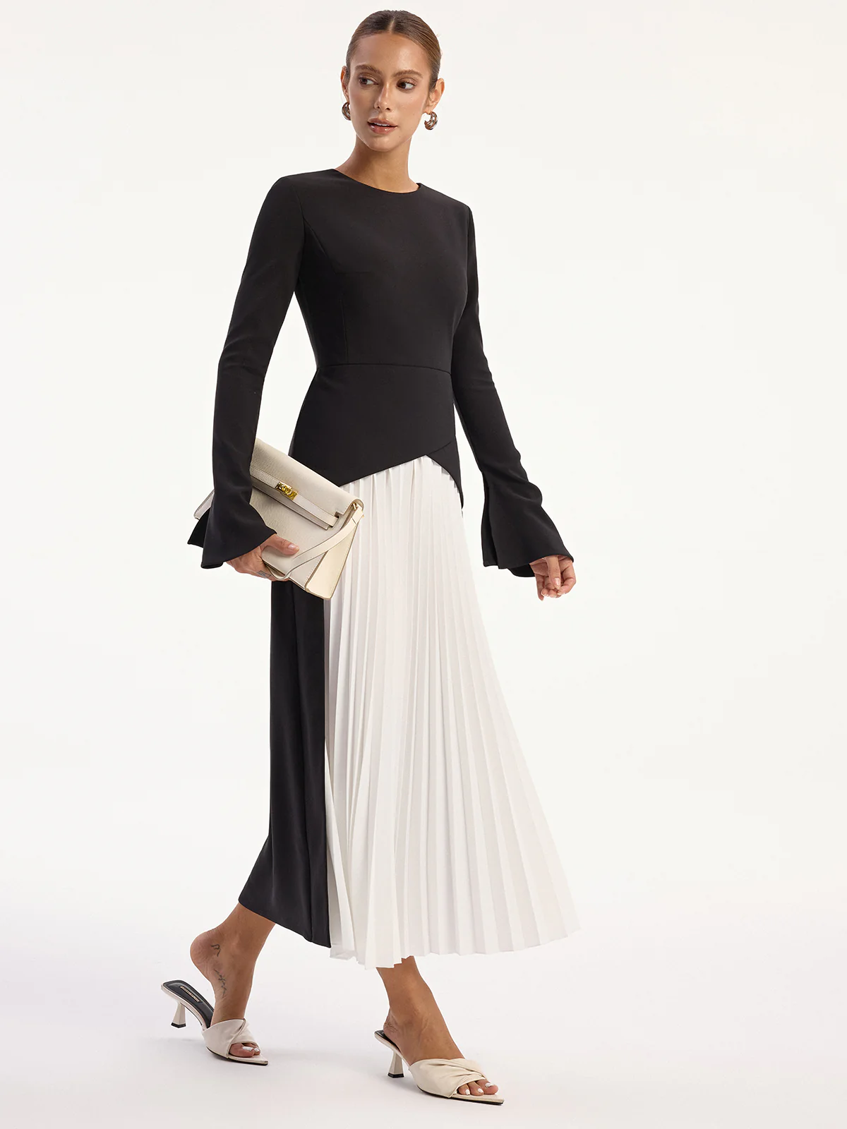 Two-Tone Long Sleeve Pleated Midi Dress - Image 2