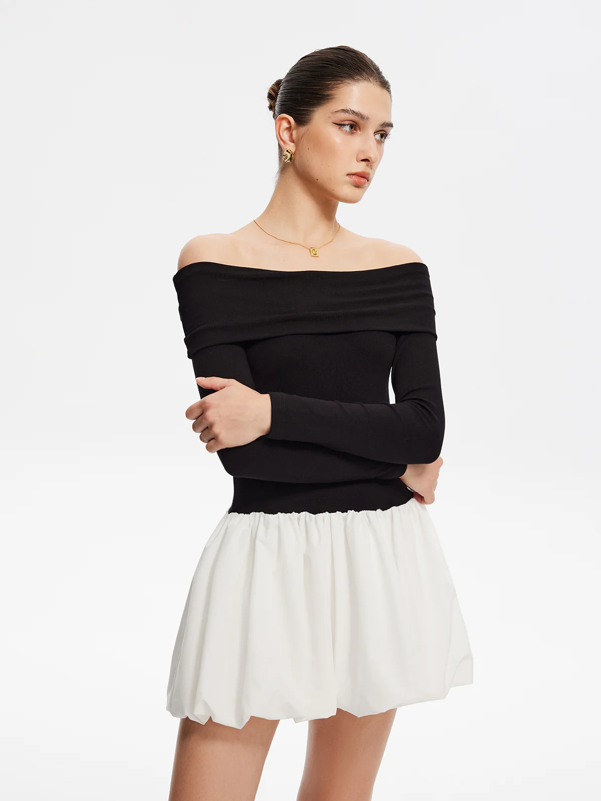 Two Tone Off Shoulder Bubble Short Dress - Image 6