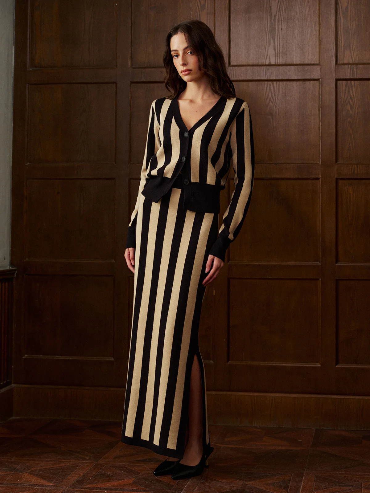 Two-Tone Pinstripe V-Neck Button Sweater Skirt Set - Image 4