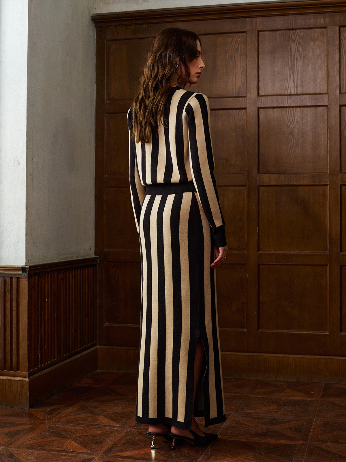Two-Tone Pinstripe V-Neck Button Sweater Skirt Set - Image 6