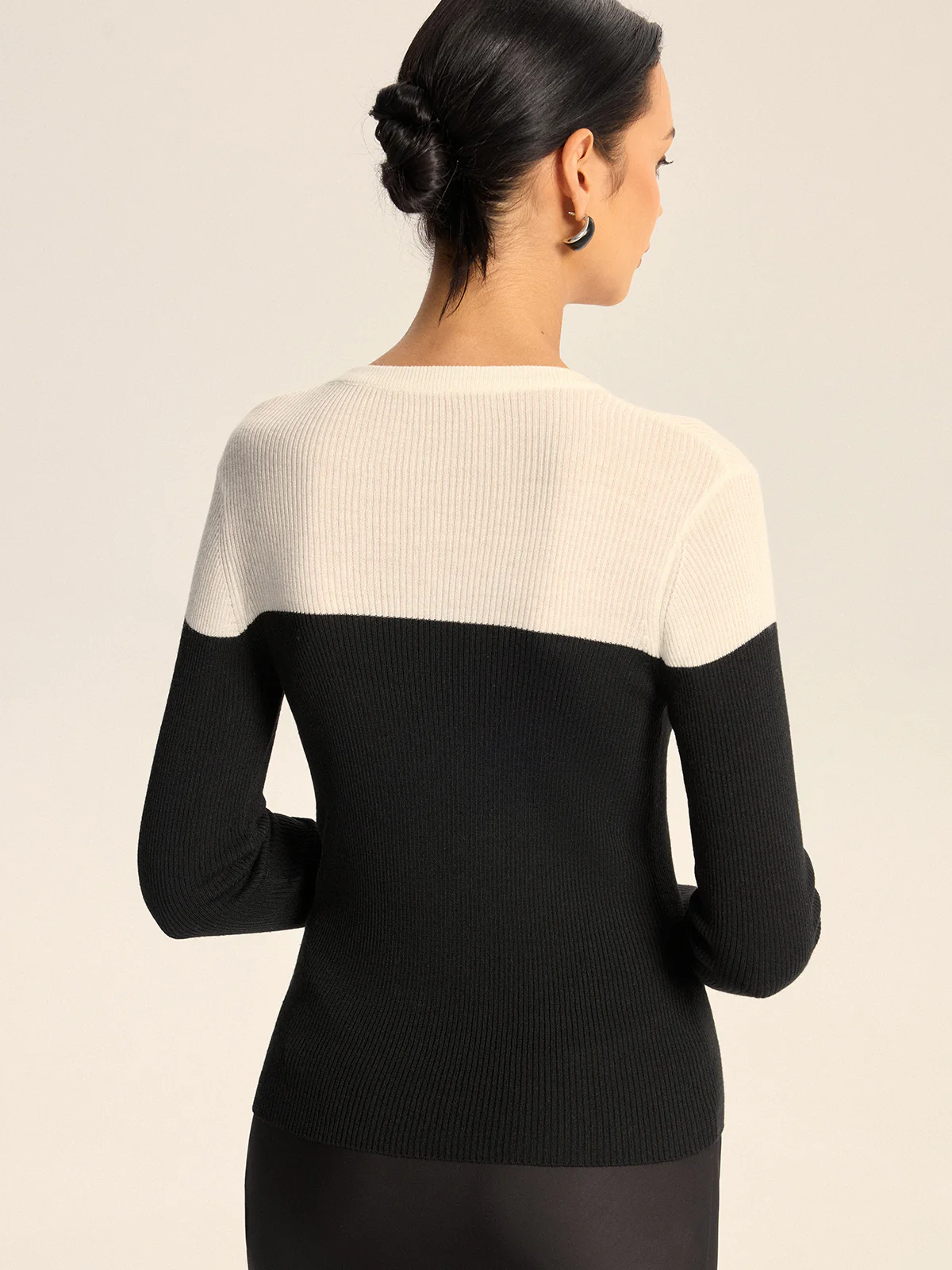 Two-Tone Ribbed Wool Blend Sweater without Belt - Image 5