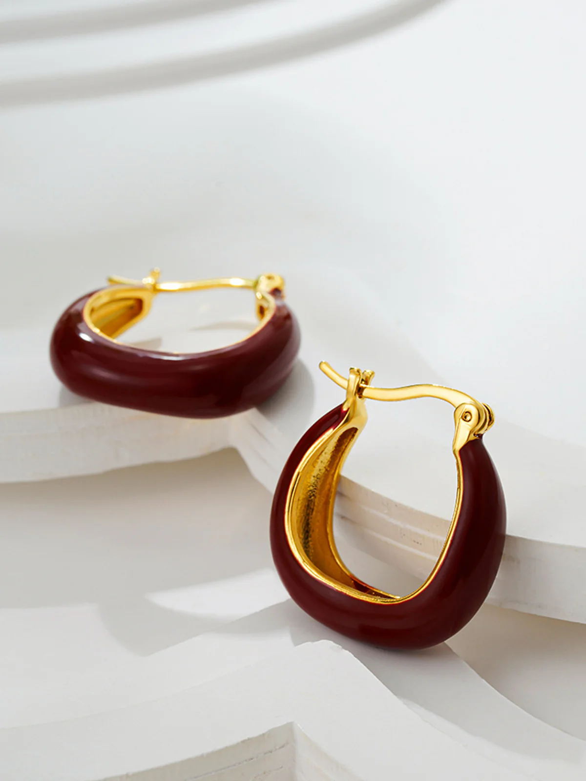 Two Tone U-Shape Stud Hoop Earrings - Image 2
