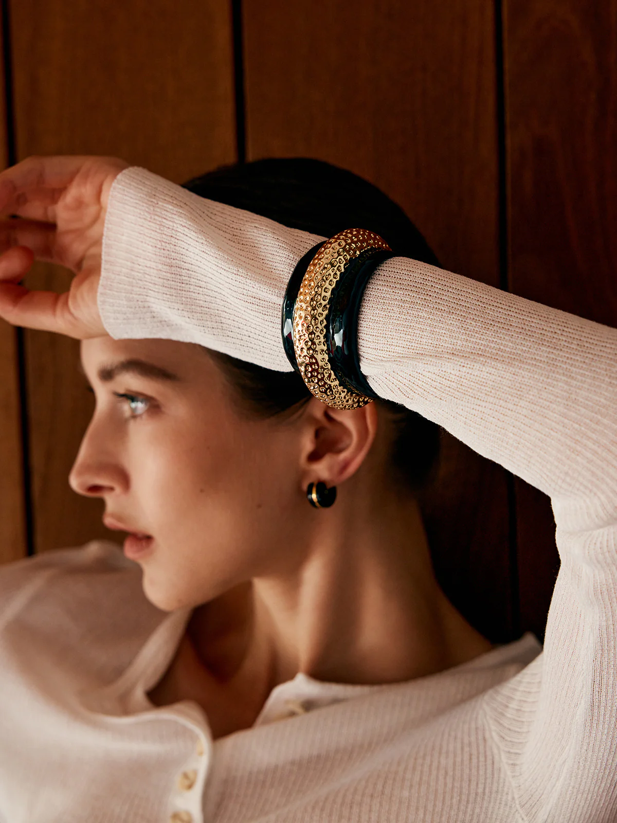 Two Tone Wide Hammered Bracelet - Image 4