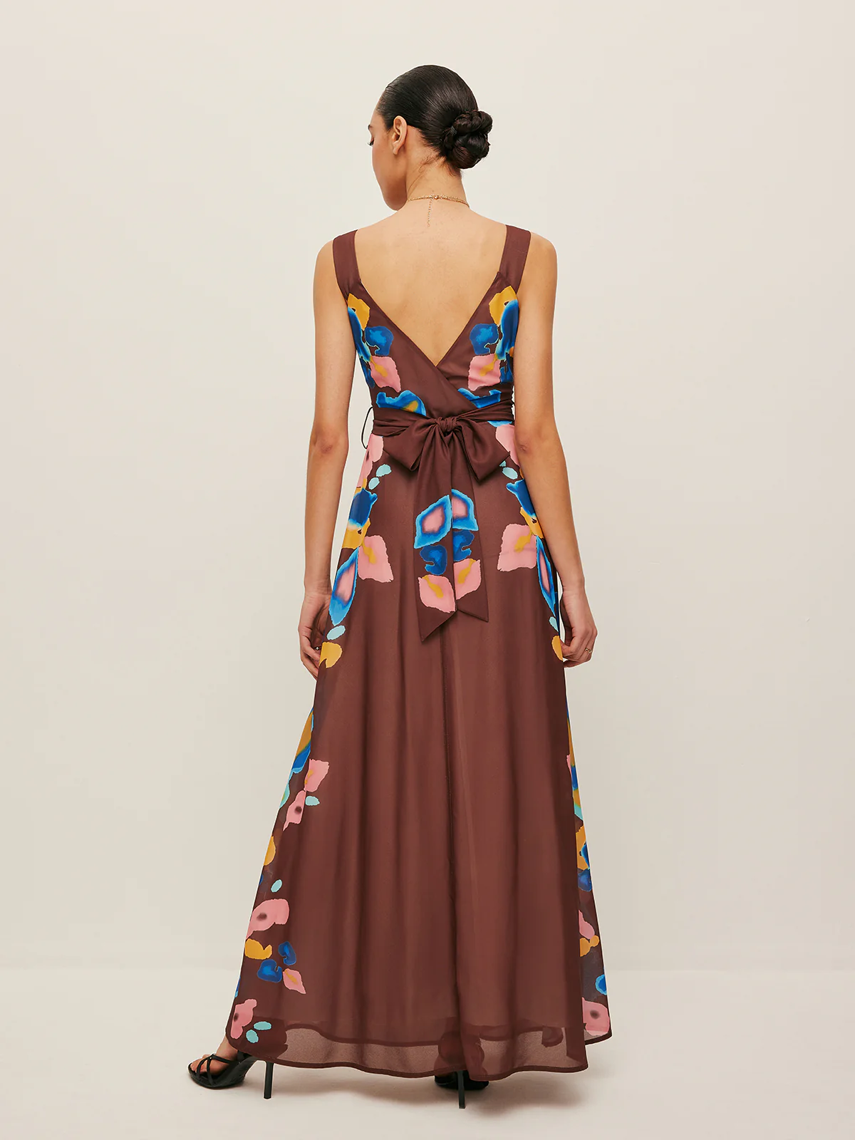 V-Back Bow Detail Printed Dress