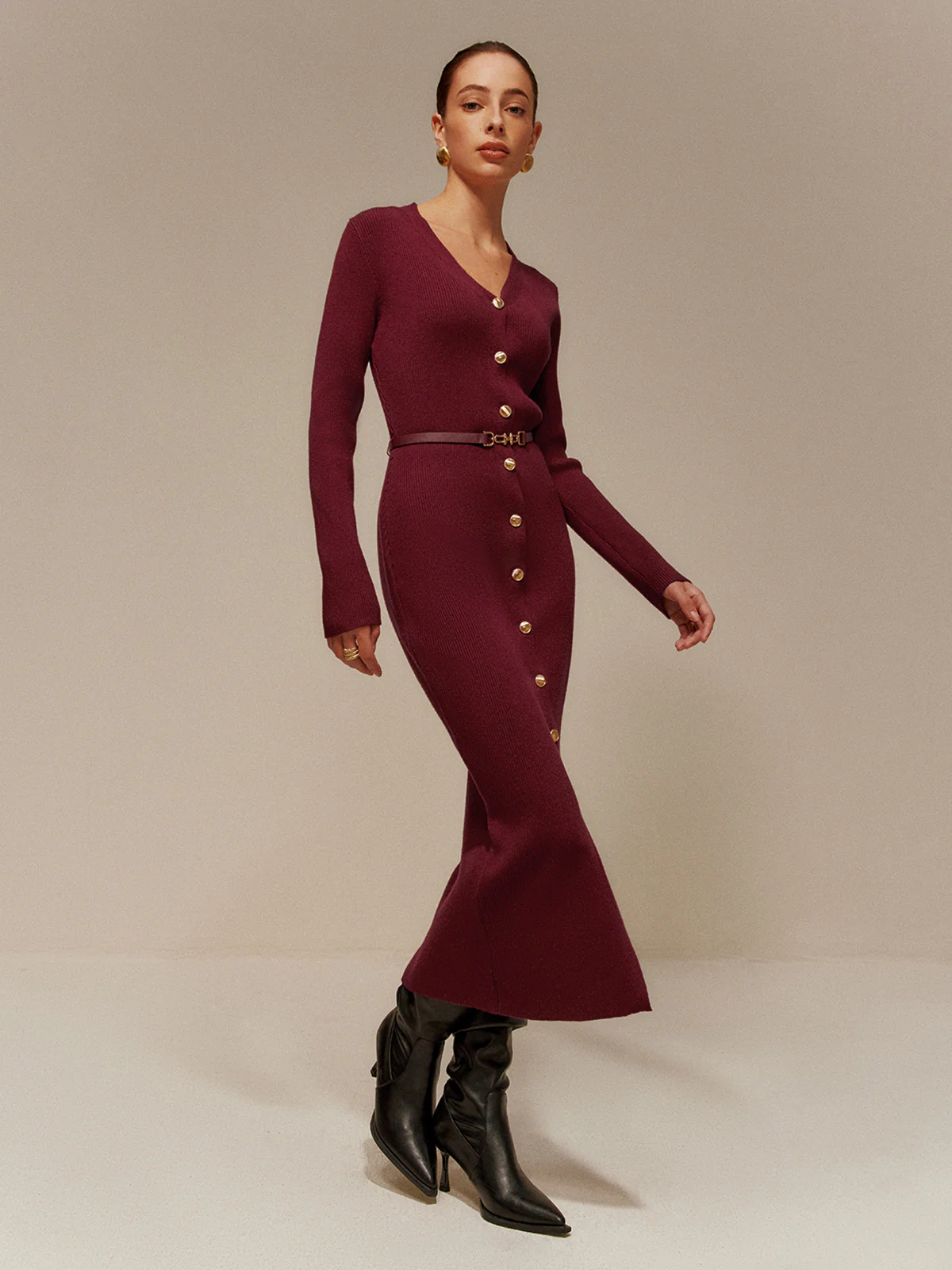 V-Neck Breasted Belted Sweater Long Dress - Image 2