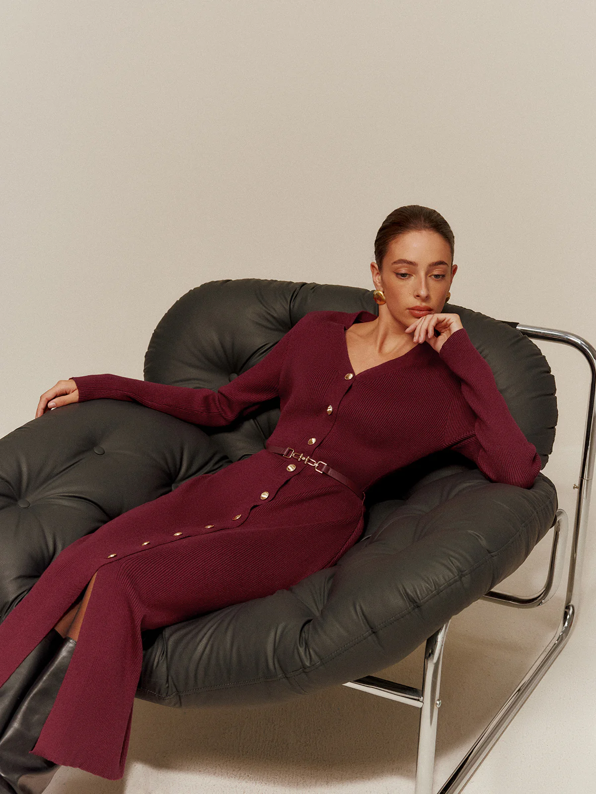 V-Neck Breasted Belted Sweater Long Dress - Image 3