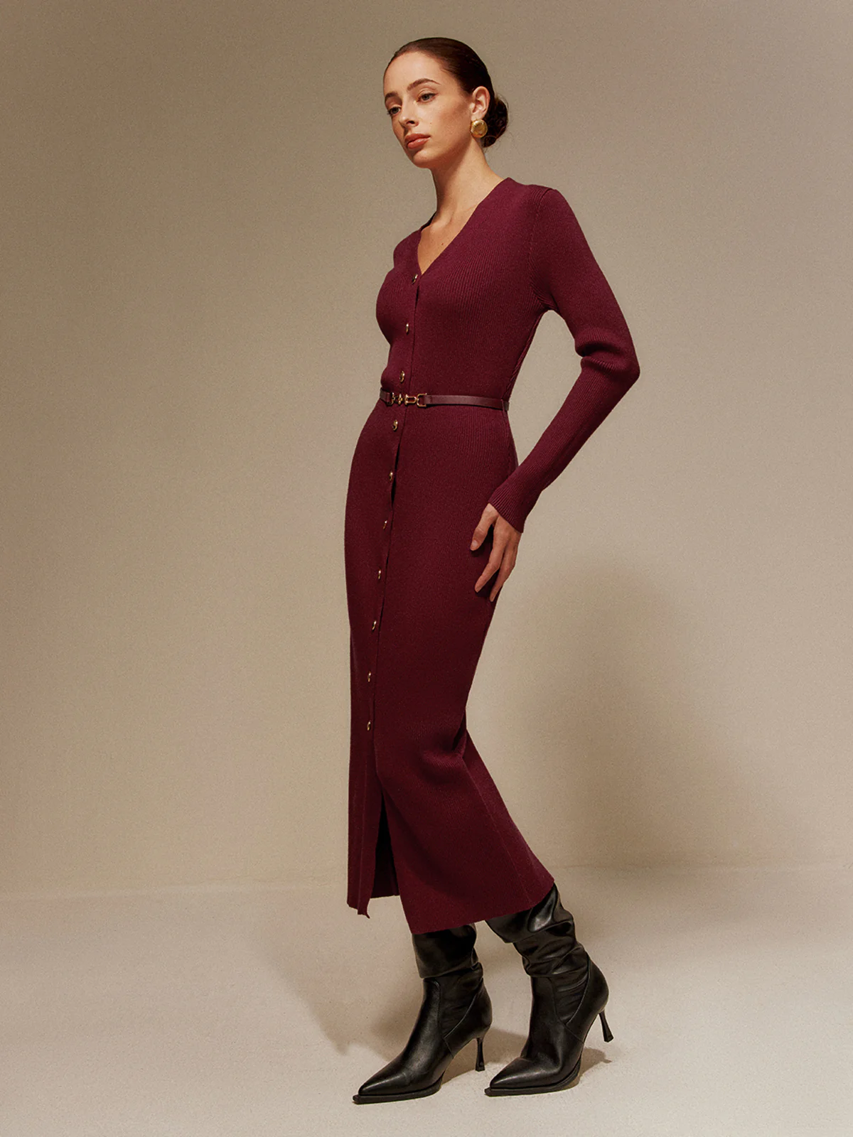 V-Neck Breasted Belted Sweater Long Dress - Image 4