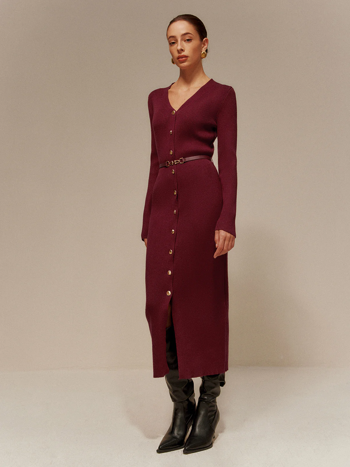 V-Neck Breasted Belted Sweater Long Dress - Image 5