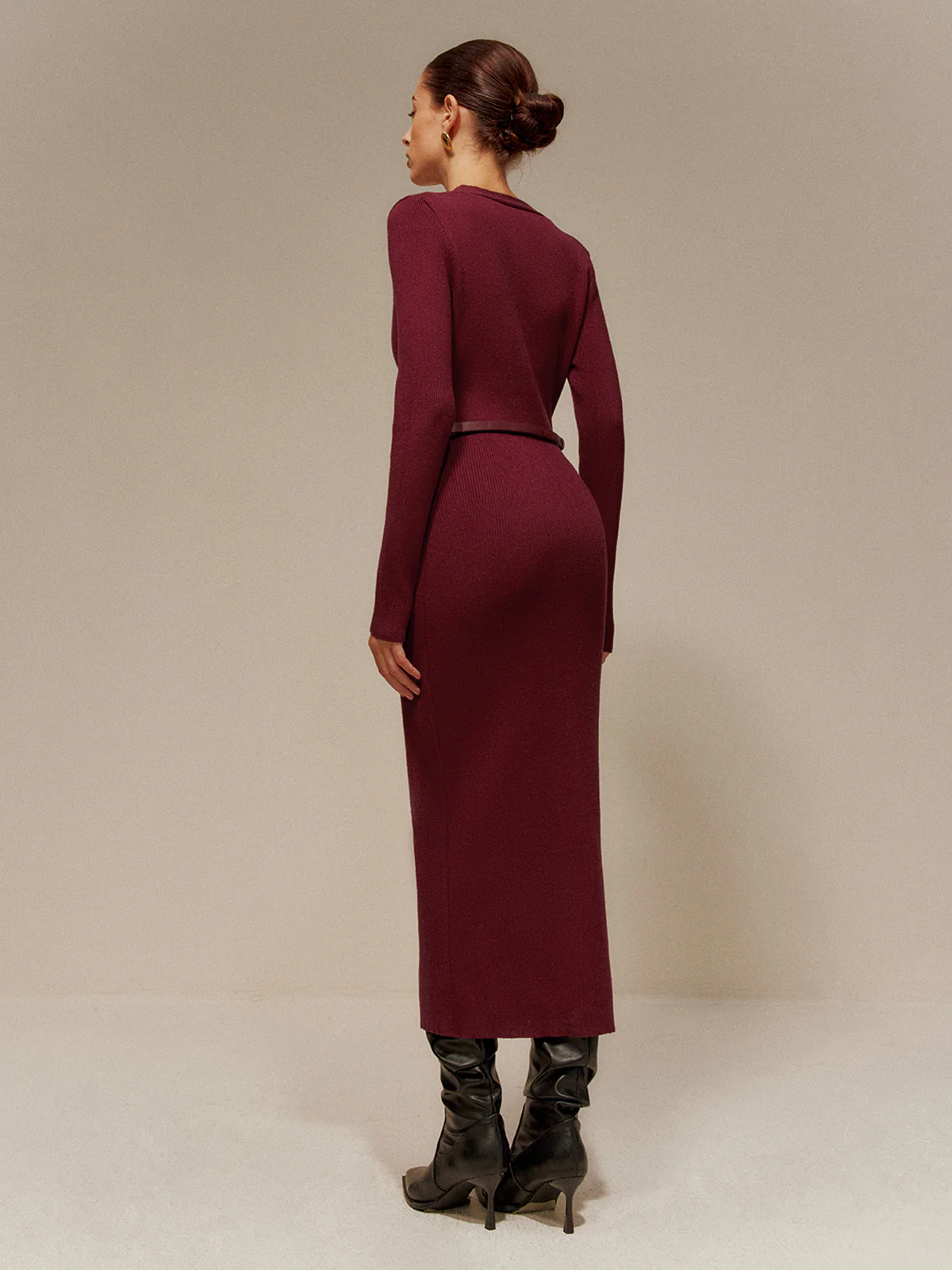V-Neck Breasted Belted Sweater Long Dress - Image 6