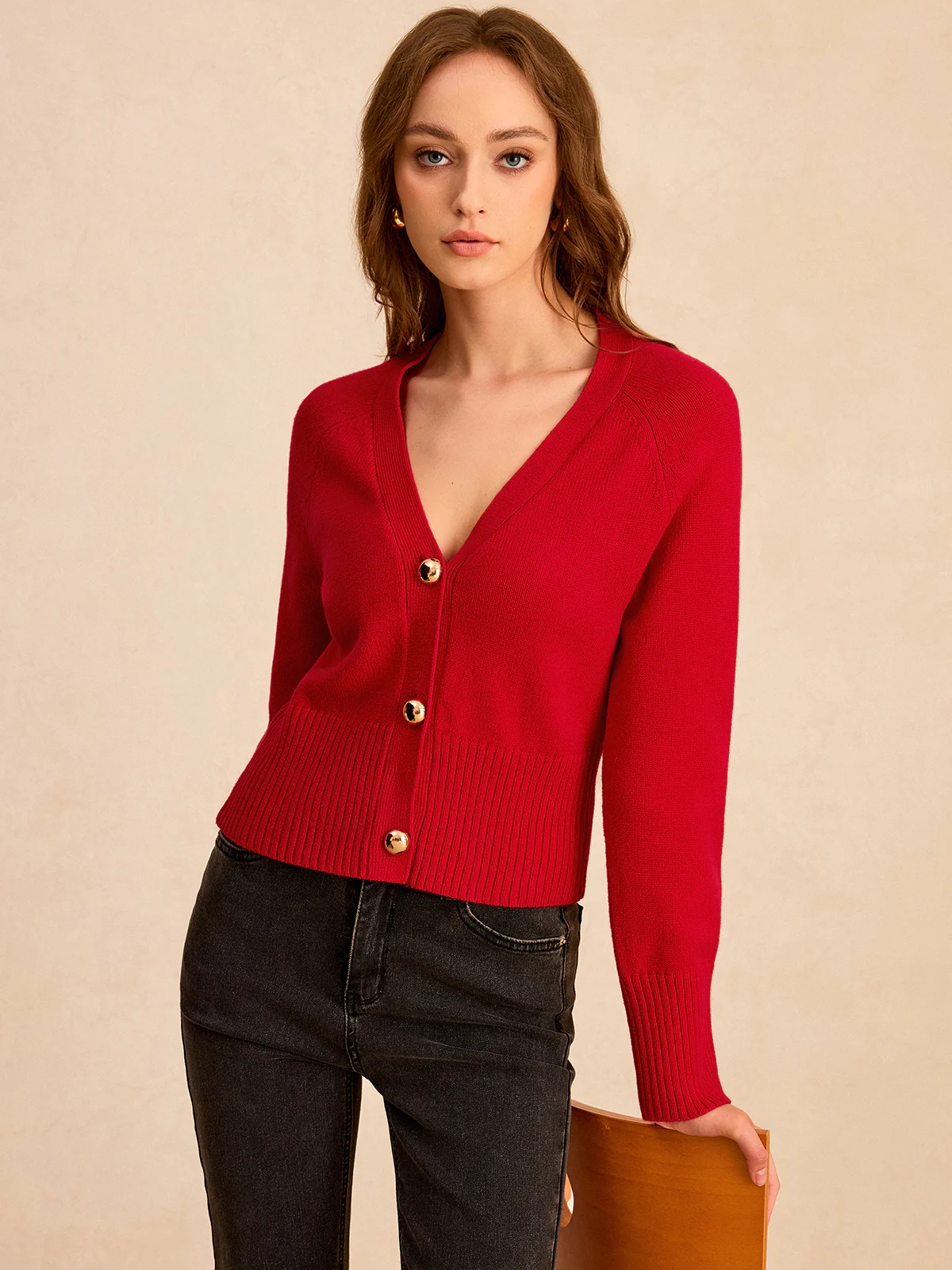 V-Neck Button-Front Knit Cardigan - Image 2