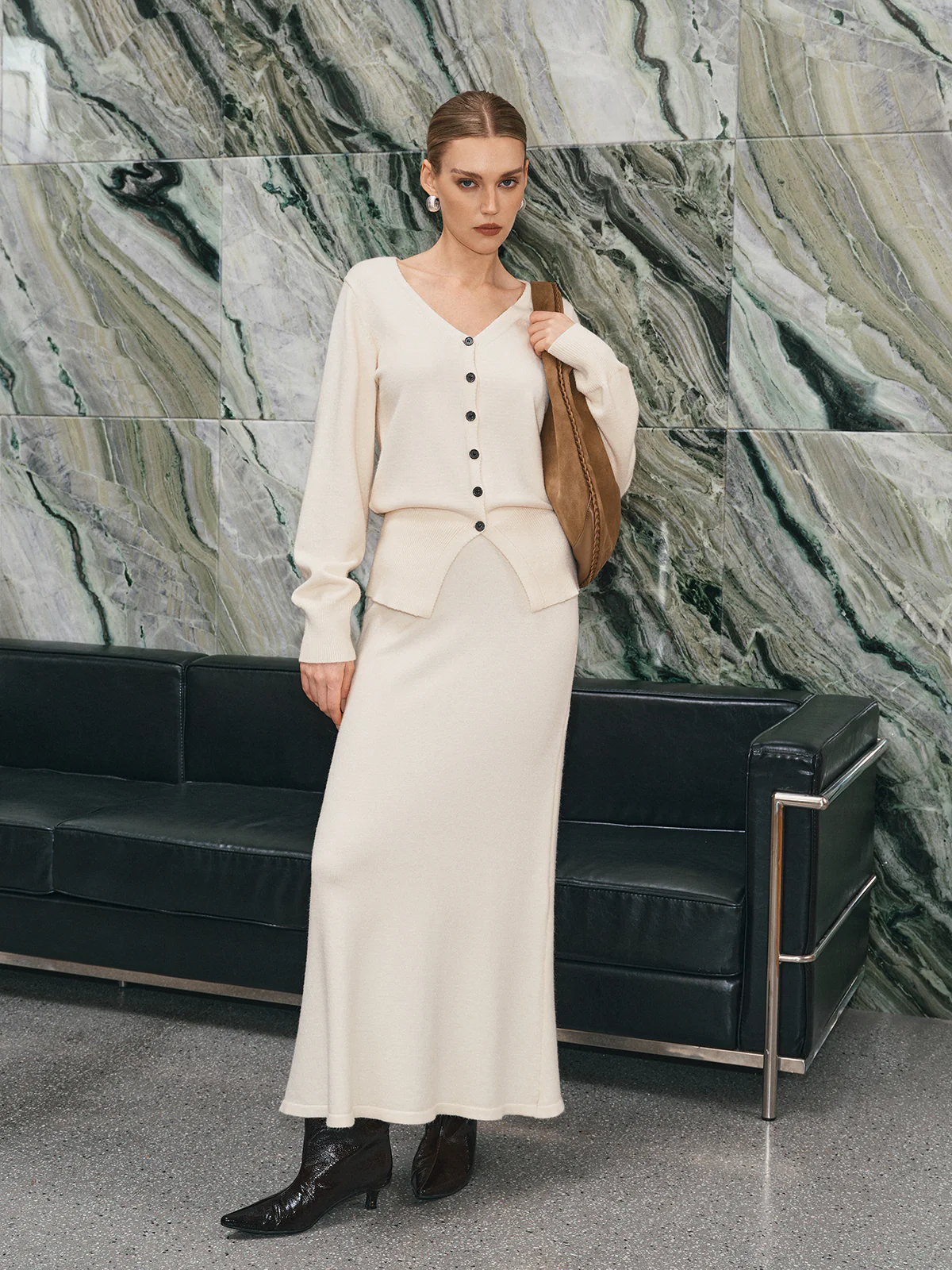 V-Neck Button-Front Knit Cardigan and Maxi Skirt Set - Image 2
