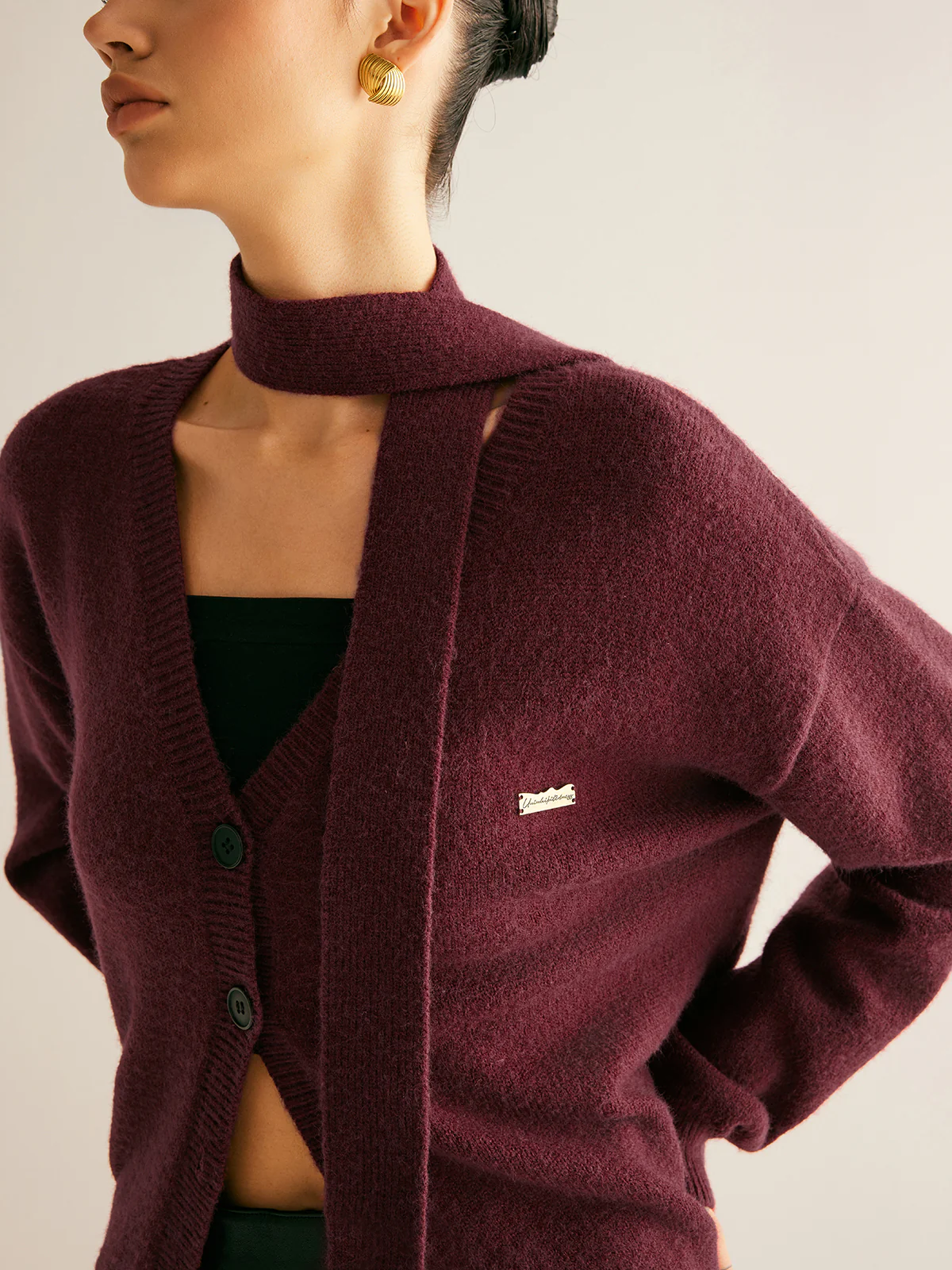 V-Neck Button Knit Outerwear With Matching Scarf - Image 2