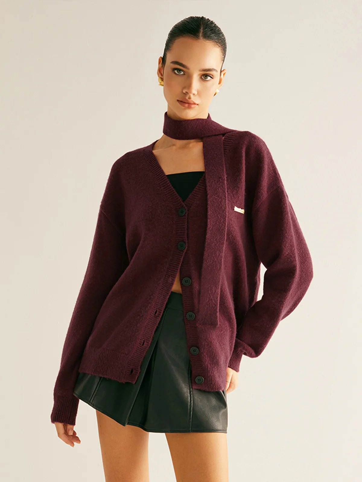V-Neck Button Knit Outerwear With Matching Scarf - Image 3