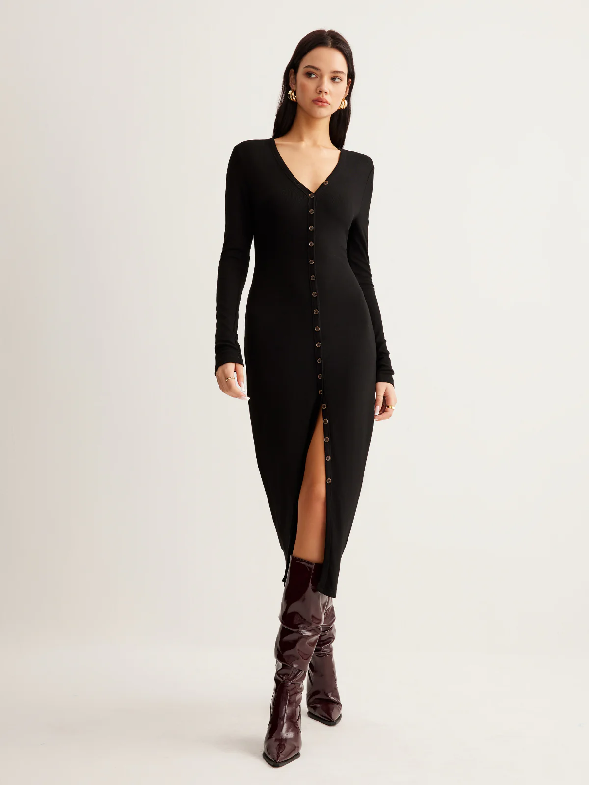 V-Neck Button Slim Long Dress - Image 2