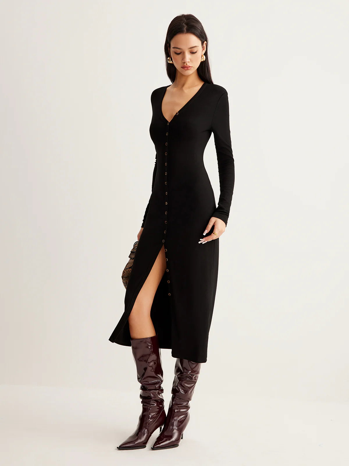 V-Neck Button Slim Long Dress - Image 6