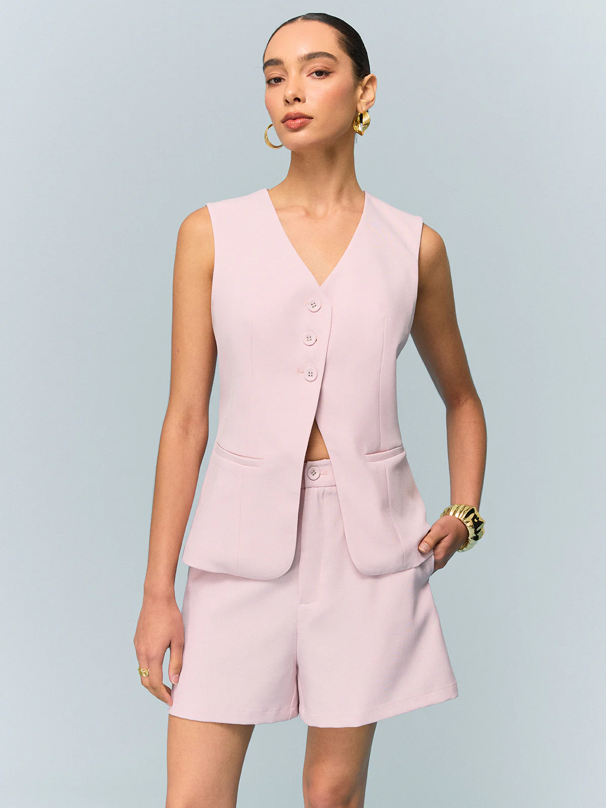 V-Neck Buttoned Vest with Shorts Set - Image 4