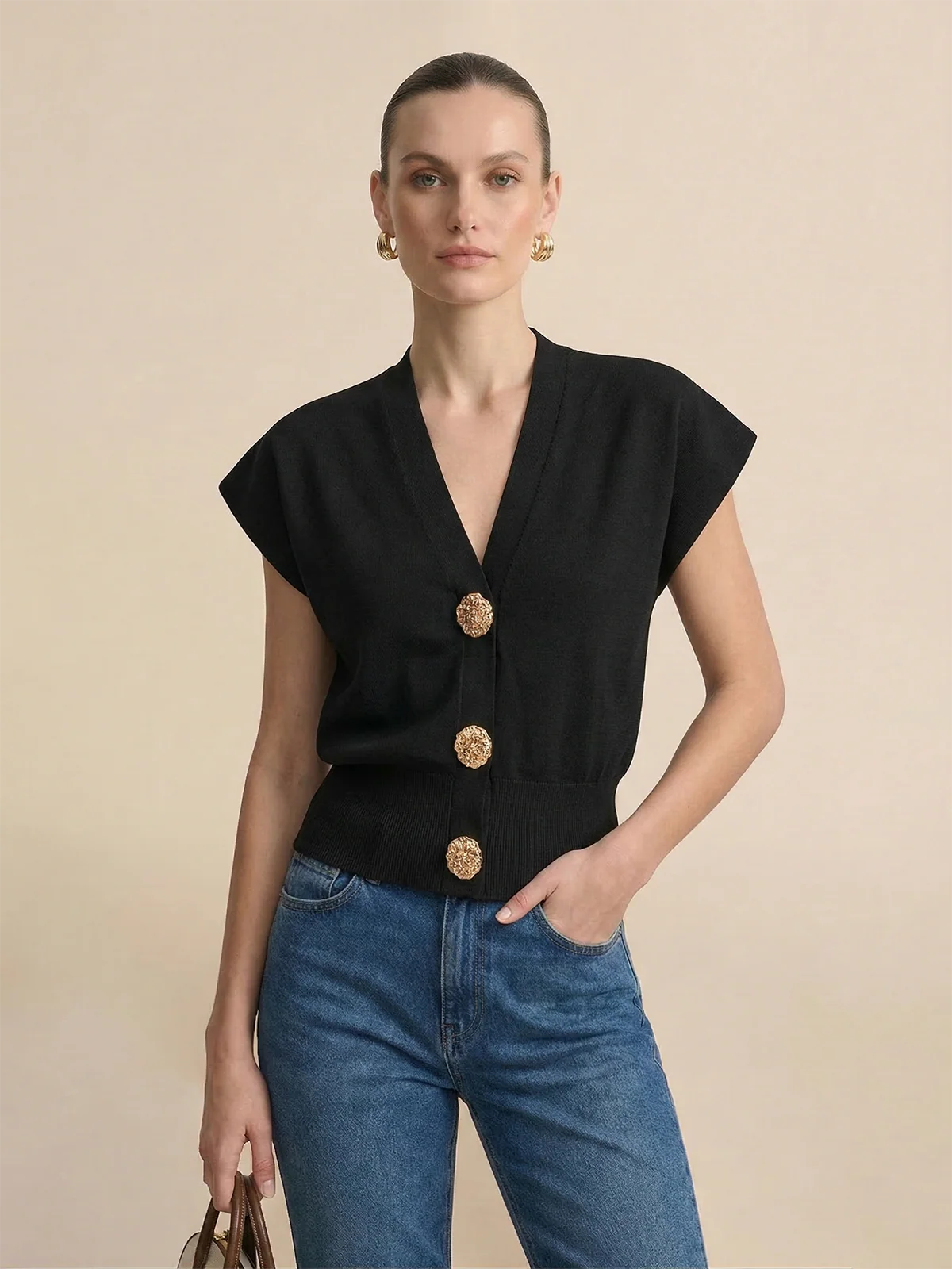 V-Neck Cap Sleeve Knit Top - Image 7