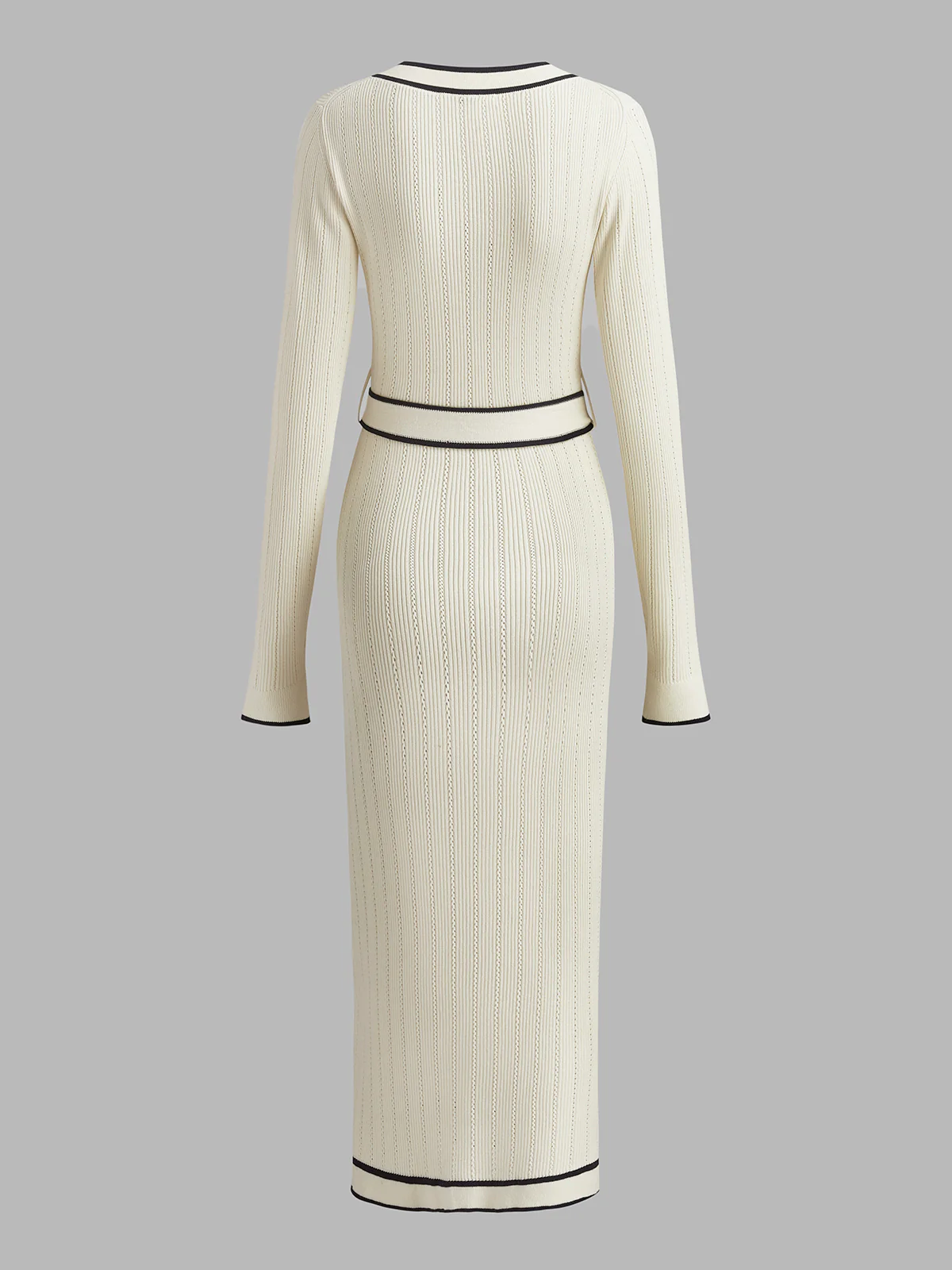 V-Neck Contrast Trim Belted Sweater Dress - Image 2