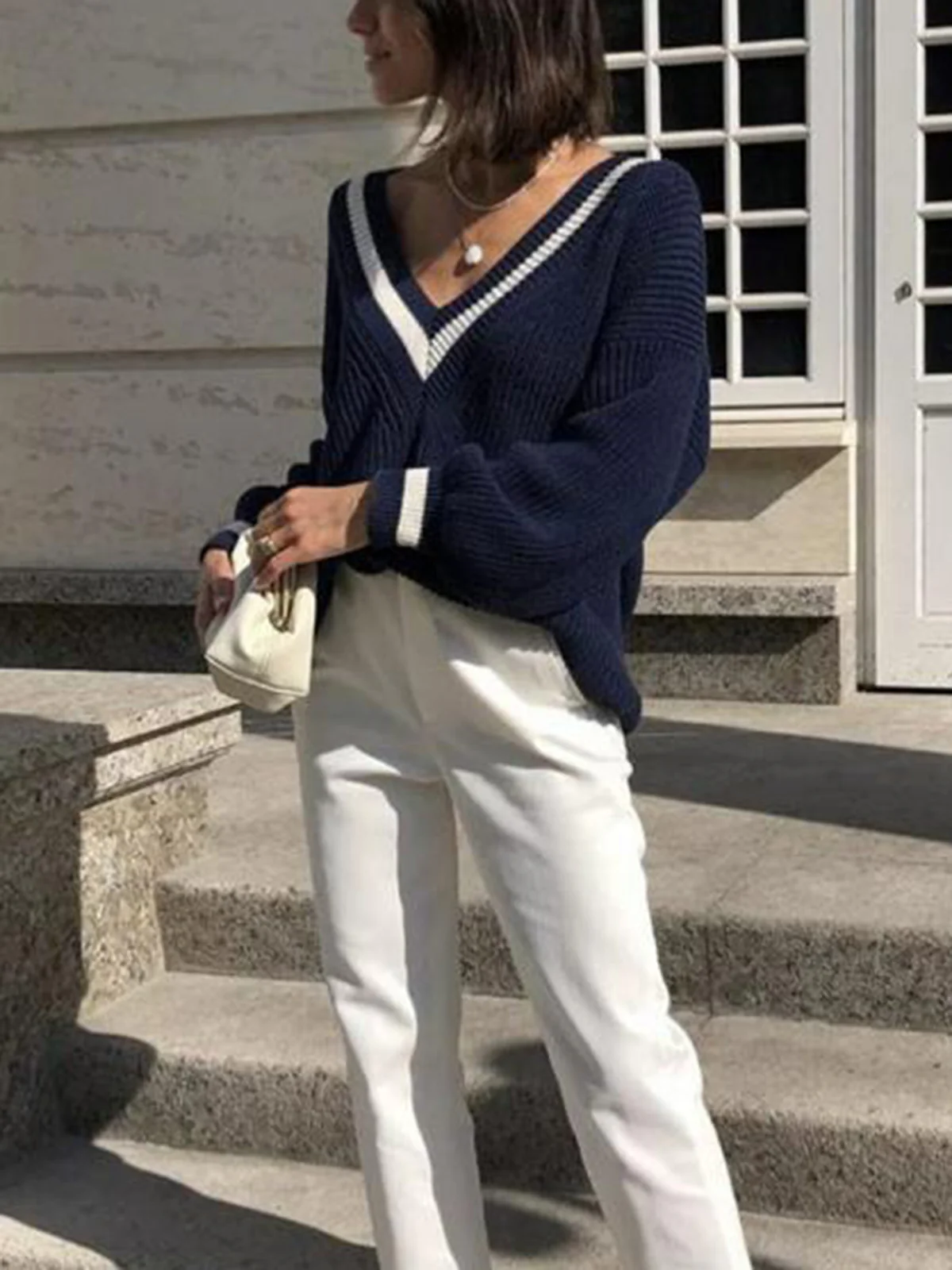 V-Neck Contrast Trim Sweater - Image 2