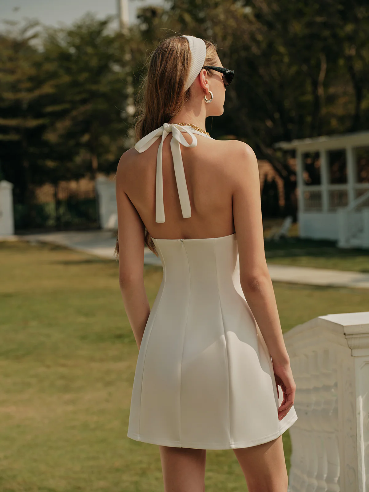 V-Neck Halter Knotted Pleated Dress - Image 3