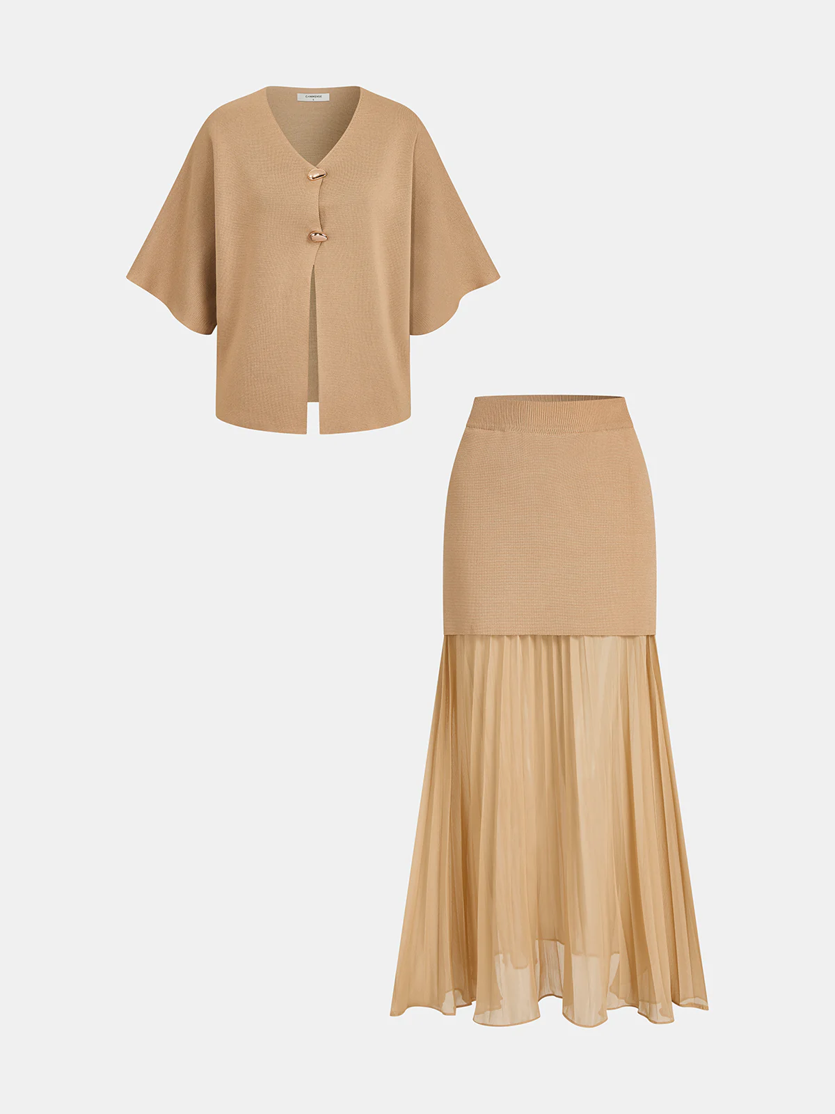 V-Neck Knit Top & Pleated Skirt Set - Image 2