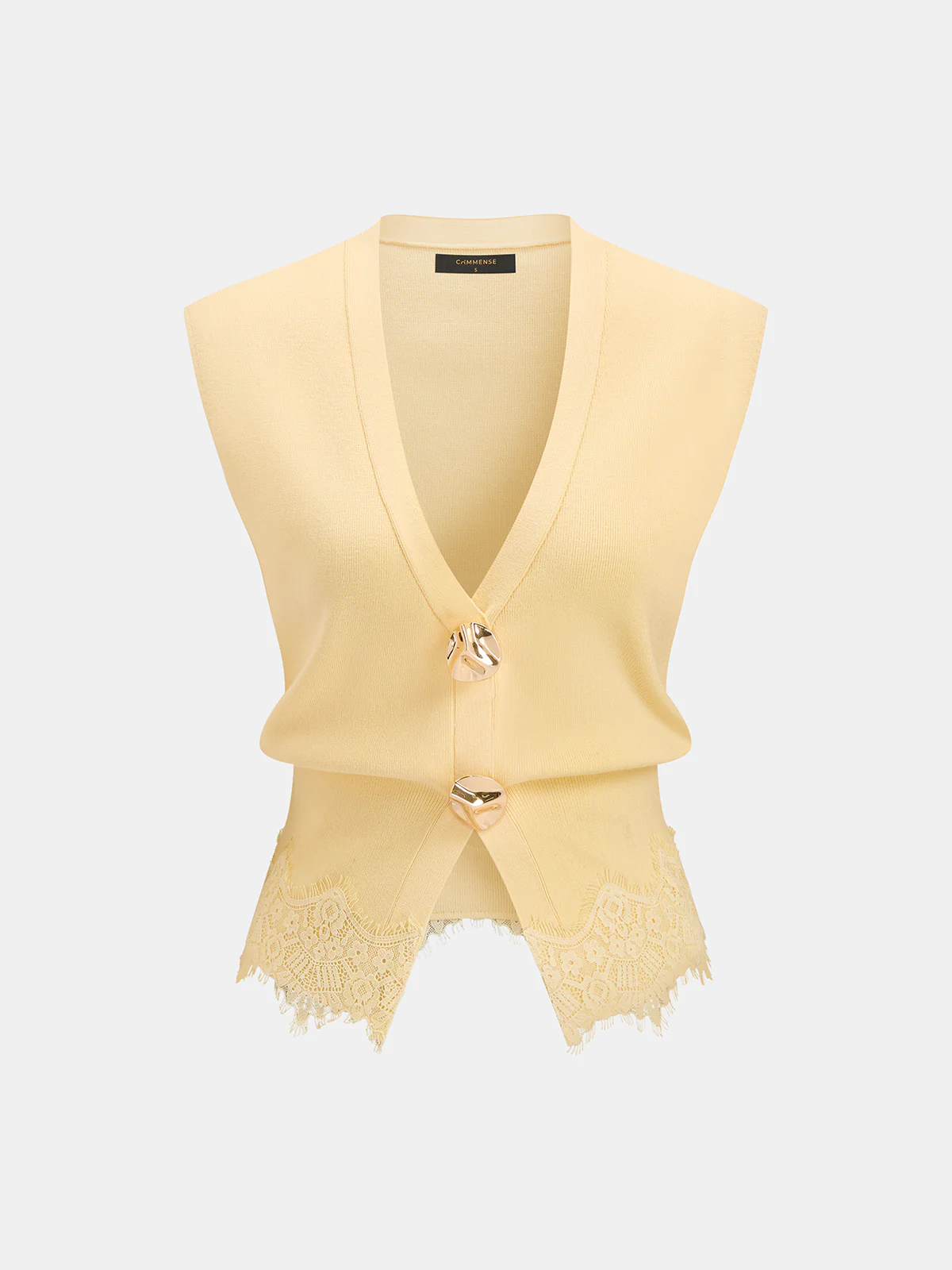 V-Neck Lace Trim Metal Button Knit Vest