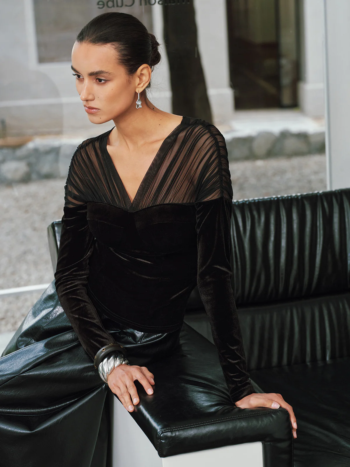 V-Neck Mesh Panel Velvet Blouse - Image 6