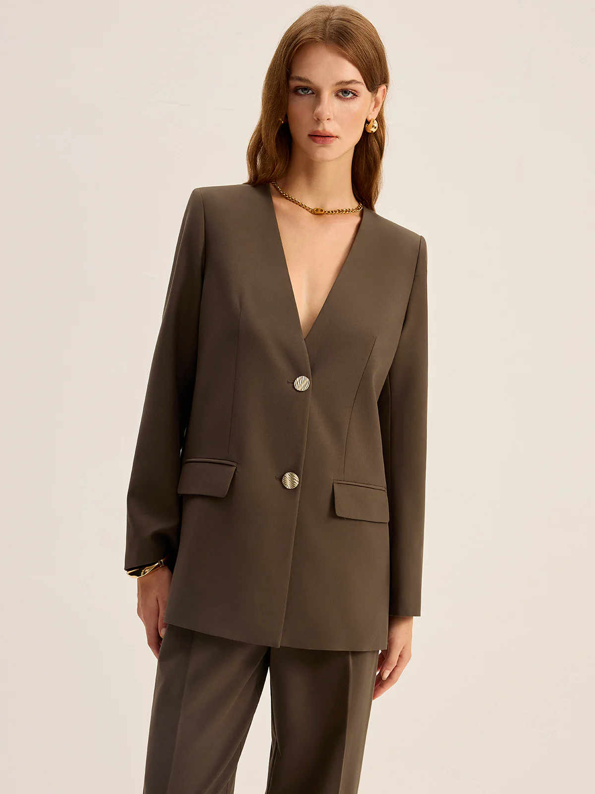 V-Neck Metal Button Blazer
