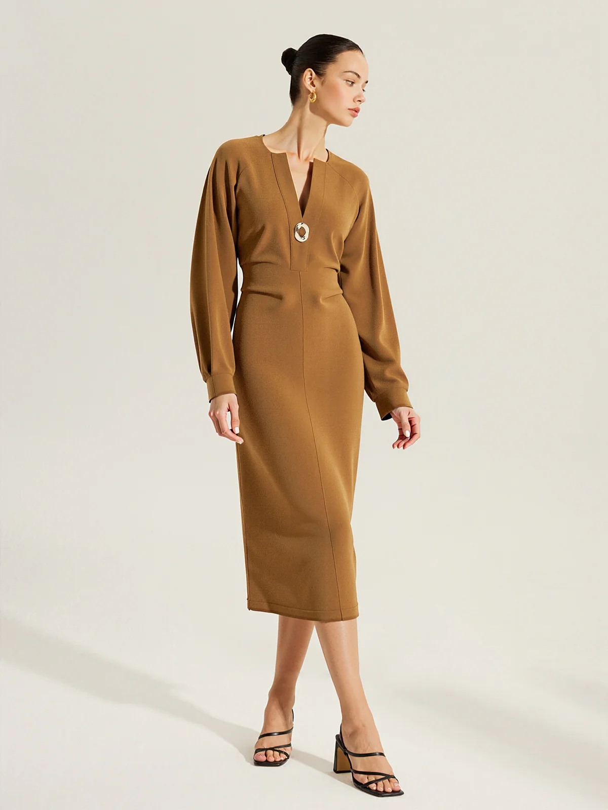 V-Neck Metal Detail Fitted Waist Dress