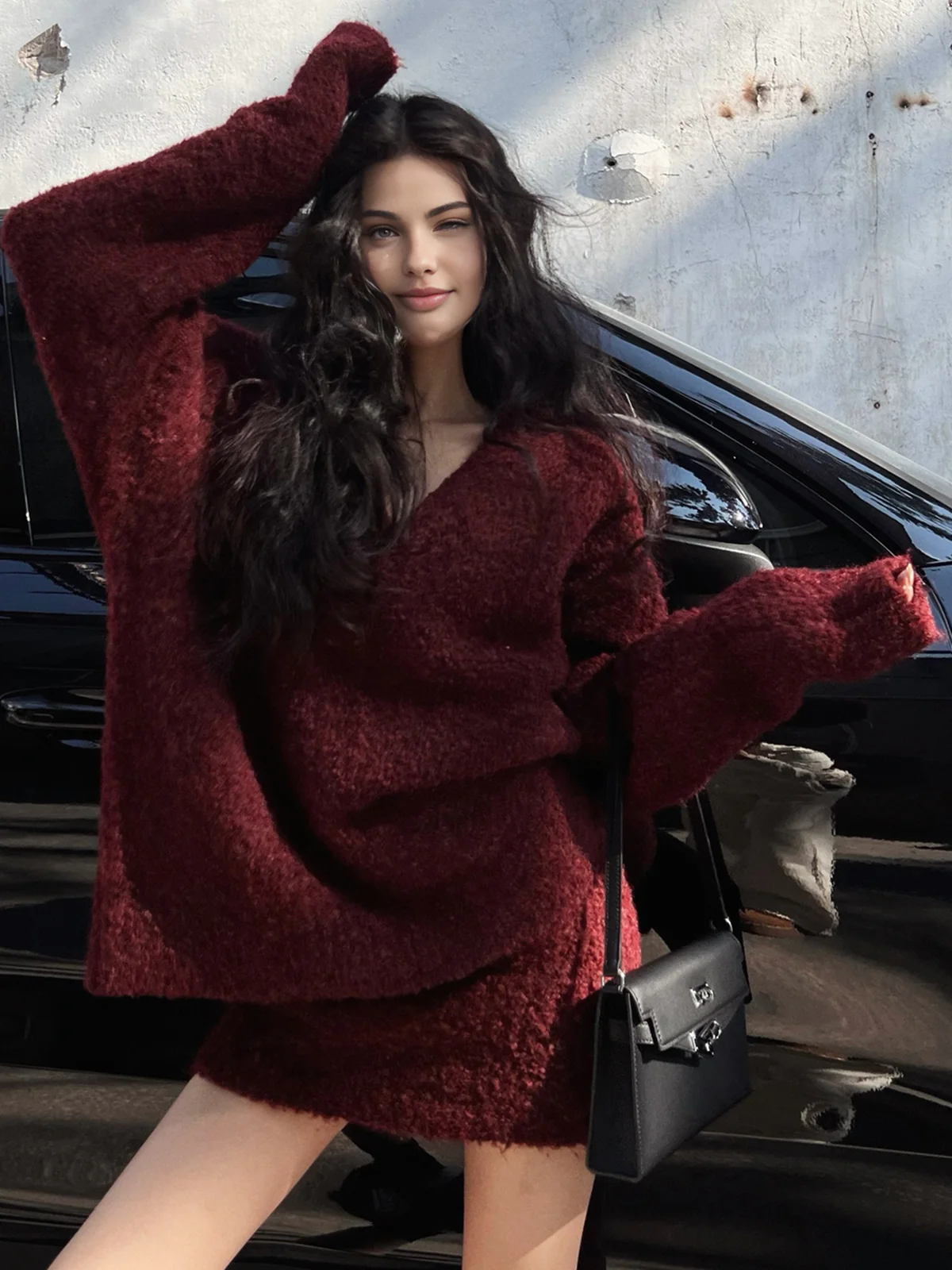 V-Neck Minky Sweater Skirt Set - Image 3