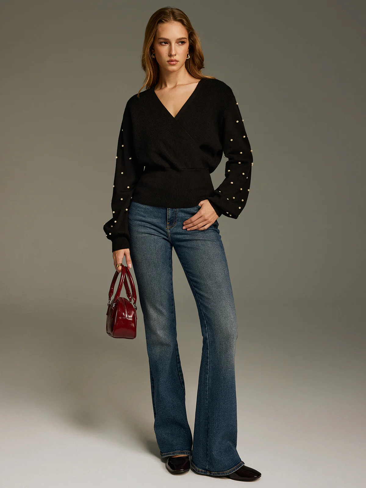 V-Neck Pearl Embellished Sweater - Image 2