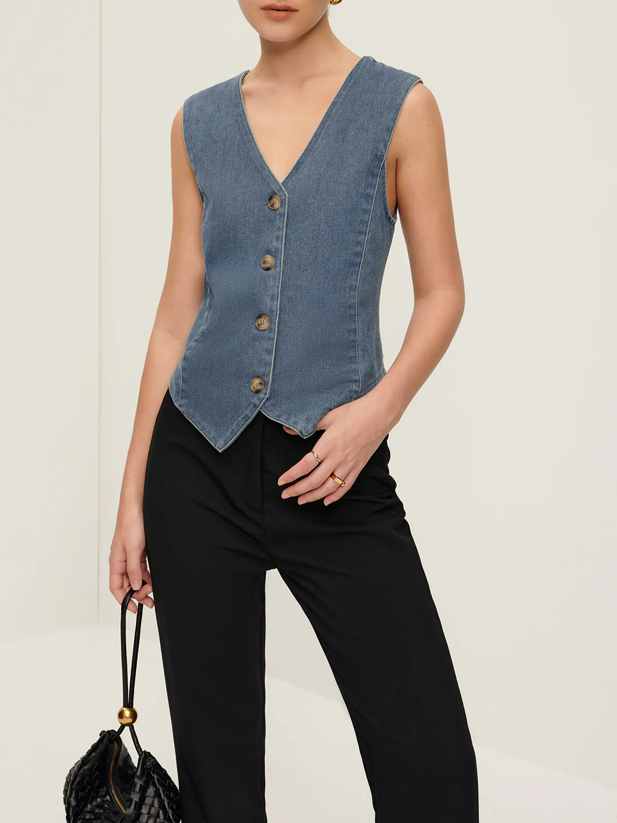 V-Neck Piping Button Denim Vest - Image 4