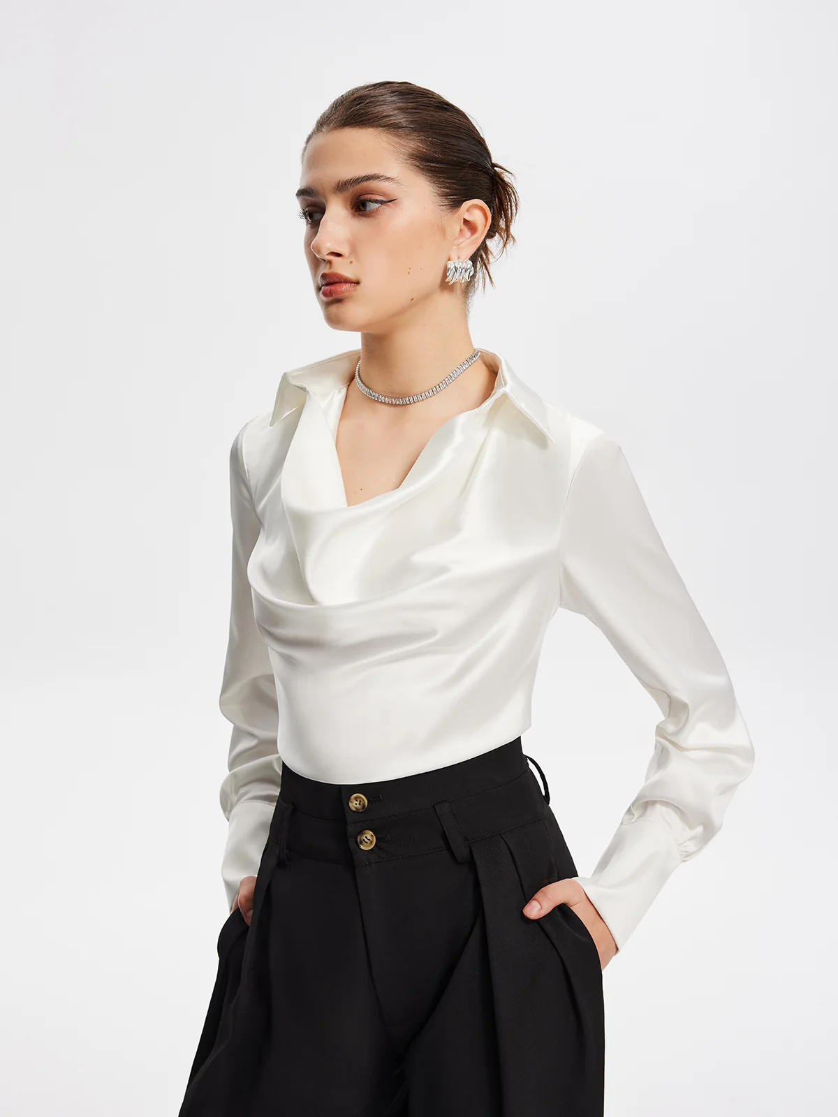 V-Neck Pleated Long Sleeve Blouse - Image 2