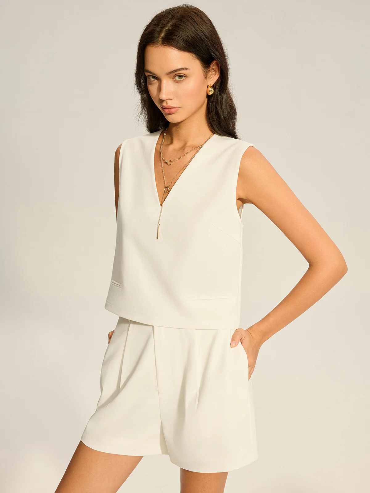 V-Neck Pocketed Top and Pleated Shorts Set - Image 6