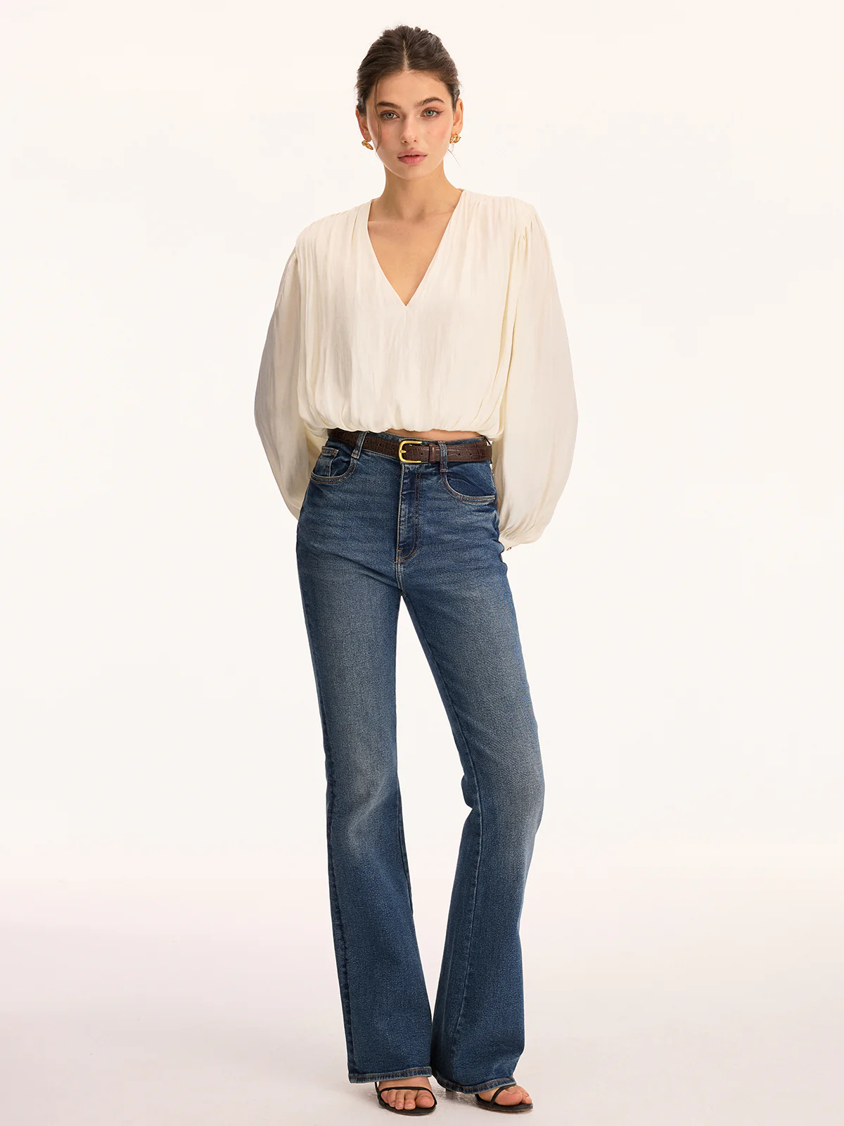 V Neck Puff Sleeve Cropped Blouse - Image 2
