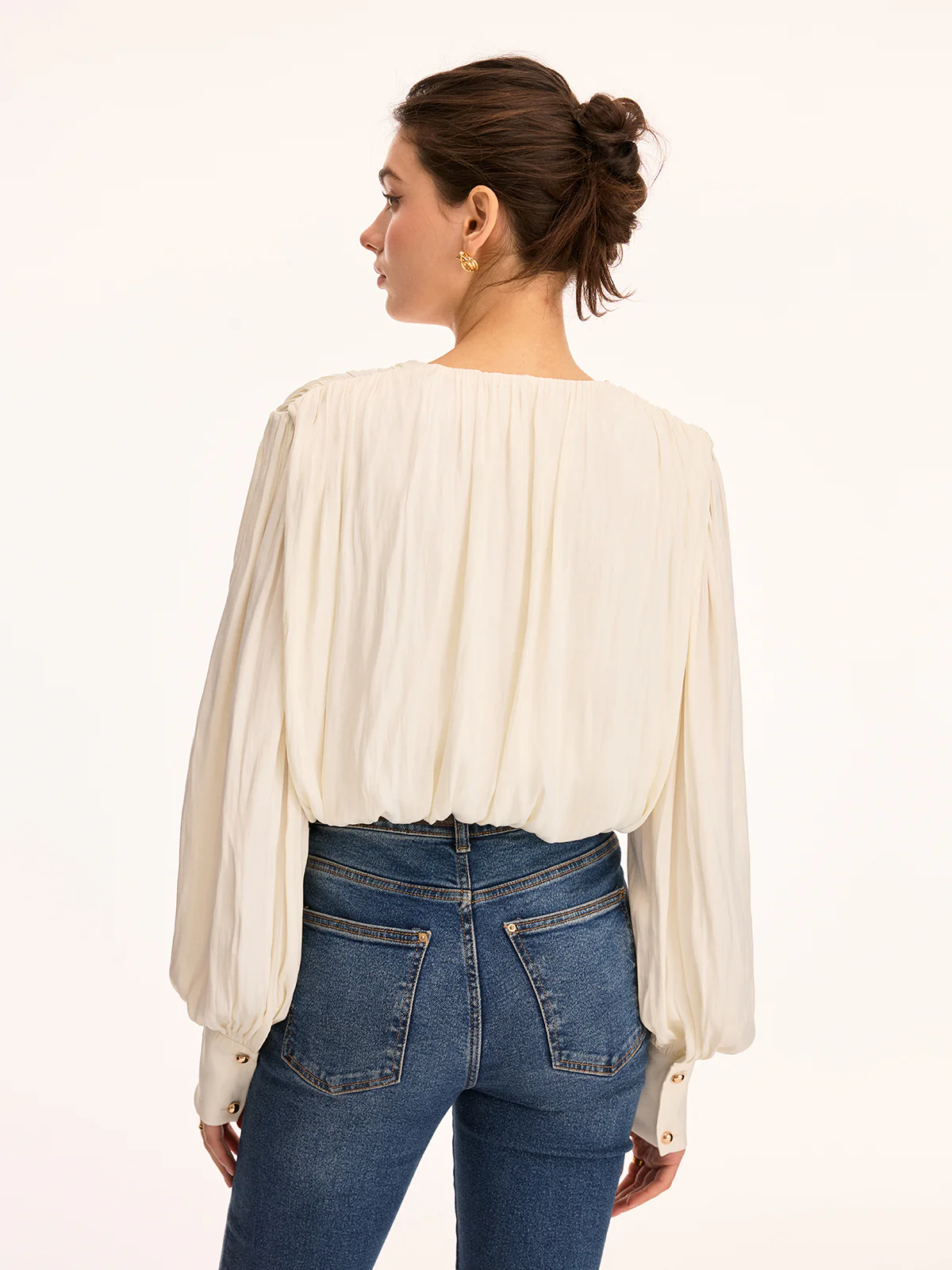 V Neck Puff Sleeve Cropped Blouse - Image 6