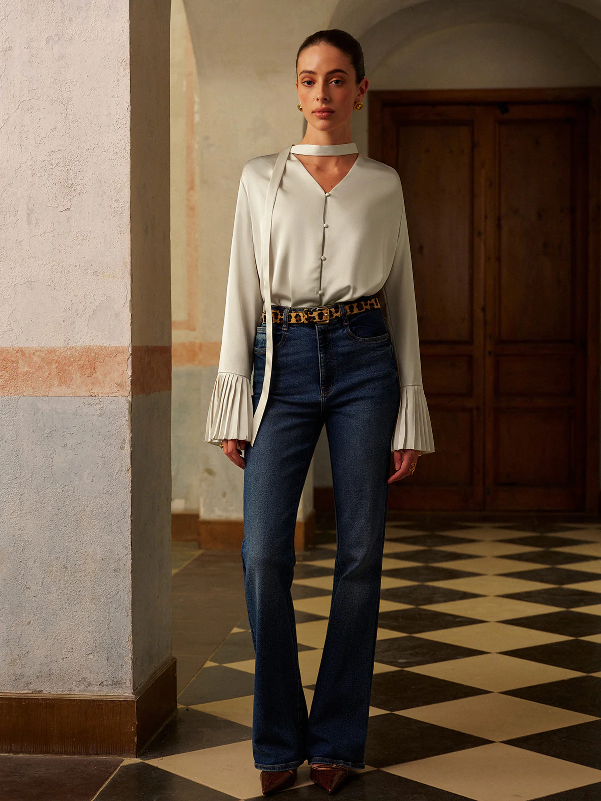 V-Neck Satin Pleated Blouse With Ribbon - Image 4