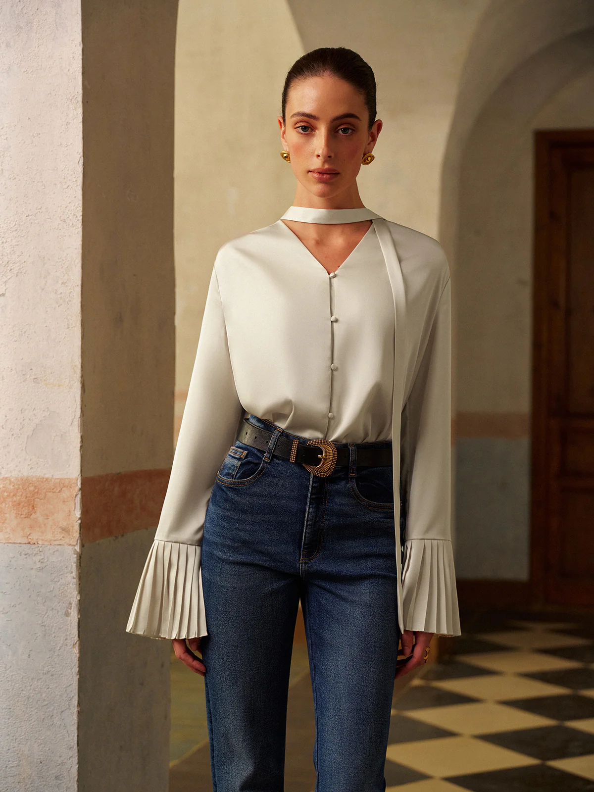 V-Neck Satin Pleated Blouse With Ribbon - Image 5