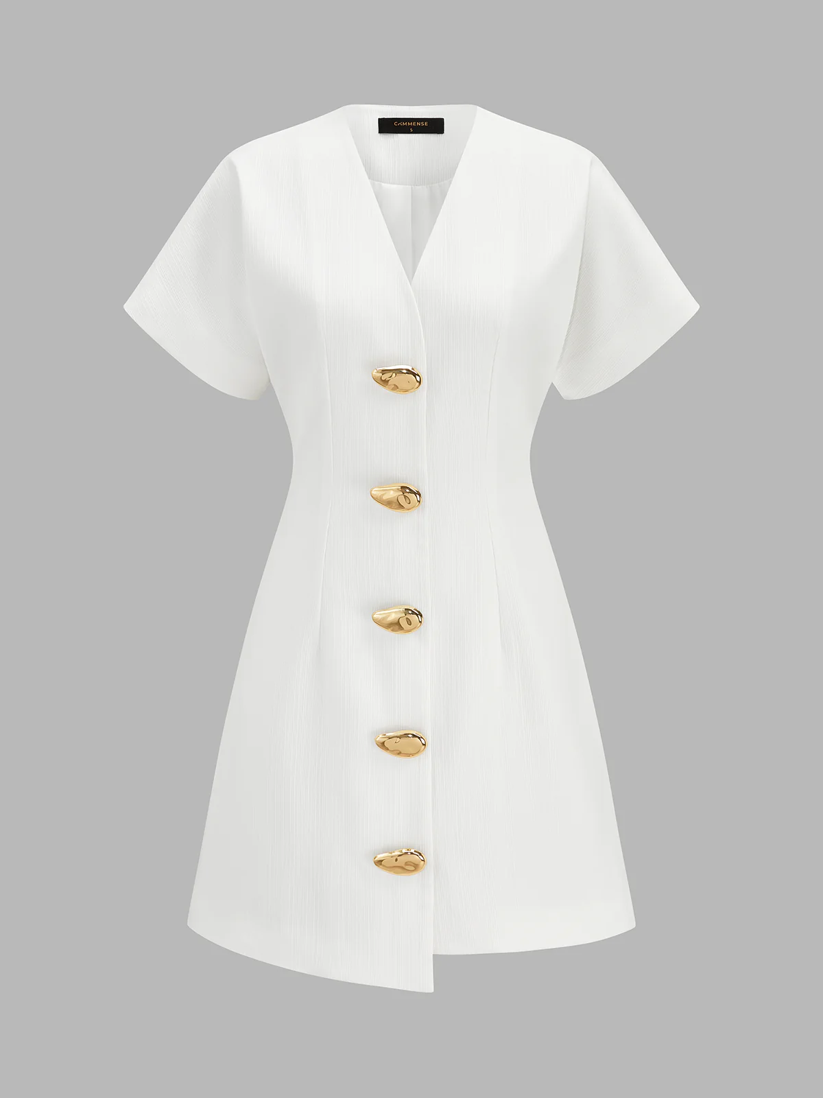 V Neck Short Sleeve Metal Button Mini Dress