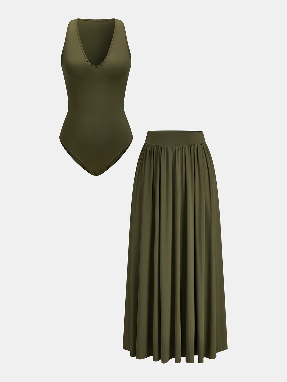 V Neck Sleeveless Bodysuit & Maxi Skirt Set