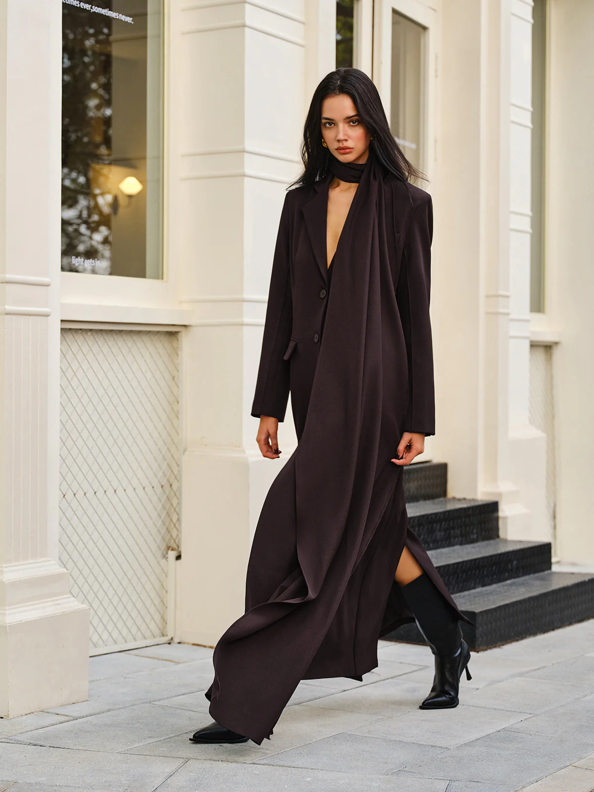 V-Neck Split Trench Coat With Scarf - Image 5