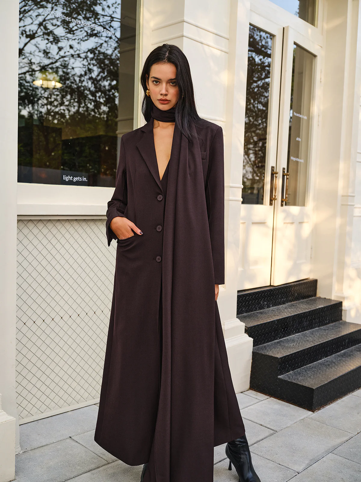 V-Neck Split Trench Coat With Scarf - Image 6