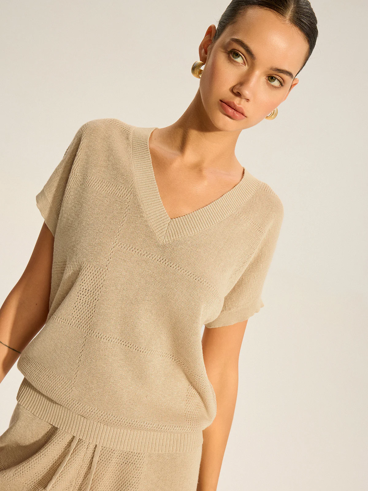 Semi-Sheer V-Neck Top and Drawstring Shorts Set - Image 2